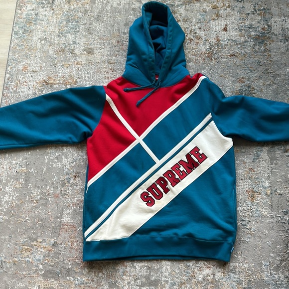 Supreme Diagonal Hooded Sweatshirt Dark Aqua Blue Red White xtra large - Picture 2 of 2